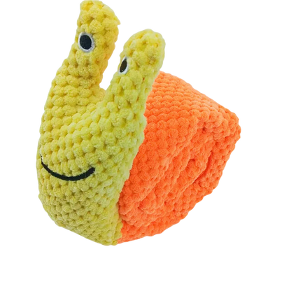 Plush toy snail with a smiling face on an orange shell against a white background
