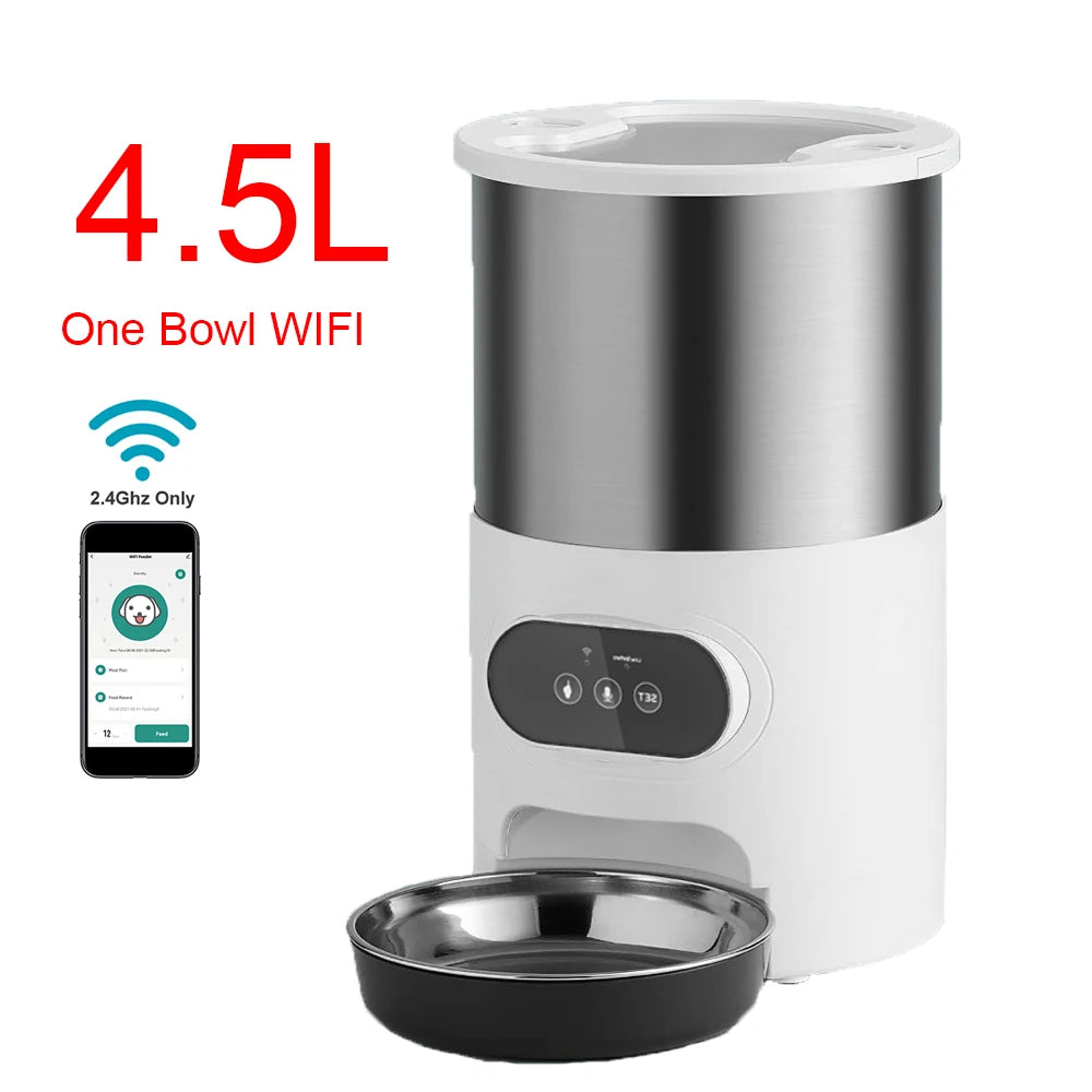 Smart pet feeder with digital display and Wi-Fi connectivity on a white background