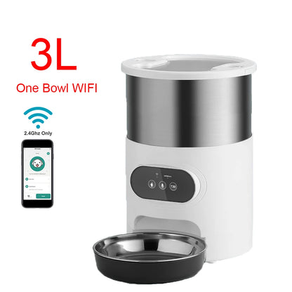 White and silver pet feeder with black bowl, labeled '3L One Bowl WIFI', on a white background.