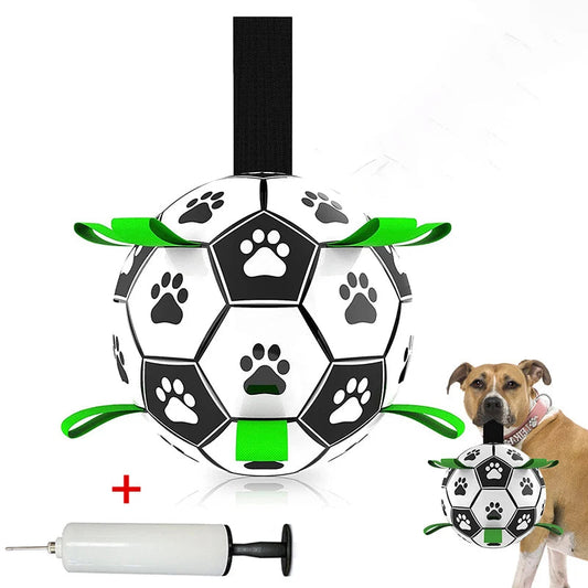 Soccer ball-shaped pet toy with paw prints, green accents, and a pump on a white background.