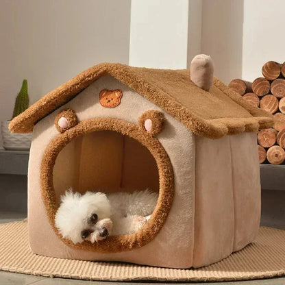 Dog house with a dog inside, surrounded by logs and plants