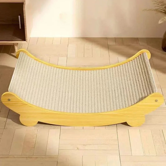 Wavy cat scratcher with yellow border on a wooden floor