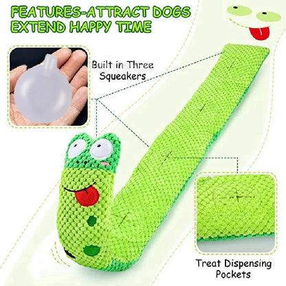 Green caterpillar-shaped dog toy with text highlighting features on a white background