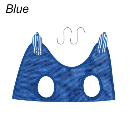 Blue pet grooming hammock on a white background