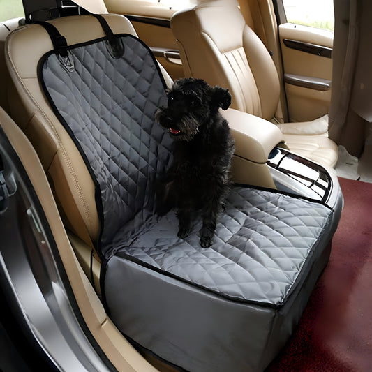 Dog sitting on a car seat cover in a vehicle