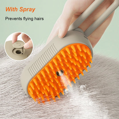 Pet grooming brush with spray feature on a textured surface