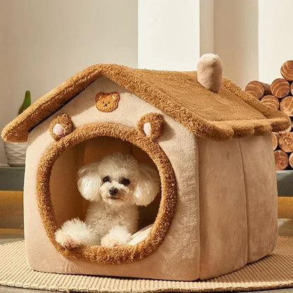 Dog inside a cozy pet house with wooden logs in the background