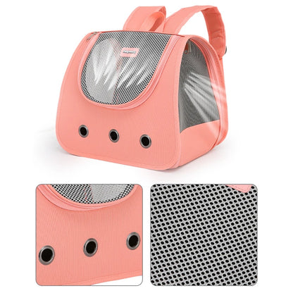 Pink pet carrier backpack with mesh sides on a white background
