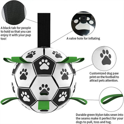 Soccer ball-shaped pet toy with paw prints and green tabs, featuring text descriptions of features.